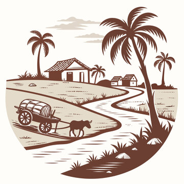 Idyllic rural landscape with a bullock cart carrying barrels along a winding river past palm trees and traditional houses