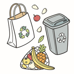 Illustration of reusable shopping bags and a trash can with fruit and leaves symbolizing sustainable living and waste reduction
