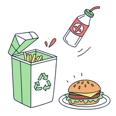 A cartoon illustration of a hamburger french fries being thrown into a recycling bin and a bottle of ketchup