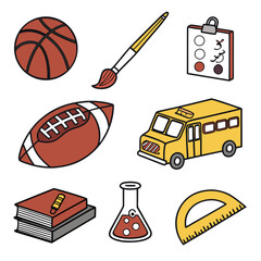 A collection of colorful cartoon school supplies and sports equipment including a basketball football bus books paint brush flask and protractor