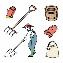 A cheerful cartoon farmer in overalls and a hat uses a shovel and rake surrounded by gardening tools and supplies for planting and harvesting