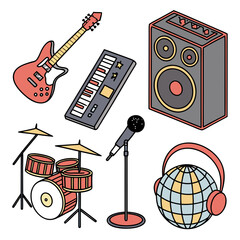 A collection of colorful musical instruments and audio equipment including a guitar keyboard drums microphone amplifier and headphones with a disco ball