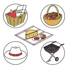 A collection of picnic and barbecue elements including a picnic basket salad cheese a hat and a grill presented in a clean illustration style