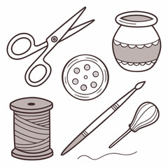 A collection of sewing and crafting supplies including scissors a spool of thread a button a jar and a paintbrush with a whisk