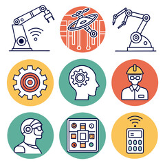 Collection of flat design icons representing modern technology automation engineering and artificial intelligence concepts in a grid layout