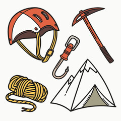 Collection of hand drawn climbing and mountaineering equipment including a helmet ice axe carabiner rope and tent