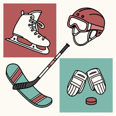 Collection of ice hockey equipment including a skate helmet stick gloves and puck arranged in a playful graphic design