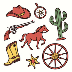 Collection of hand drawn western cowboy icons including a hat pistol horse cactus boot sheriff star and wagon wheels on a white background