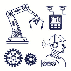 Collection of industrial automation and robotics icons including a robotic arm drone control gears and a robotic head with headphones