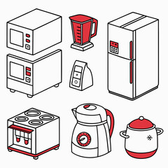 Collection of isometric kitchen appliances including a refrigerator microwave blender kettle stove and pot with red accents on a white background
