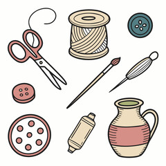 Collection of sewing and crafting supplies including scissors thread spool needle paintbrush buttons and a clay pot on a white background