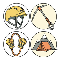 Collection of mountaineering and climbing equipment icons including a helmet ice axe gloves and a tent with mountains
