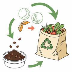 Composting process illustration showing organic waste turning into nutrient rich soil for plants and coffee beans
