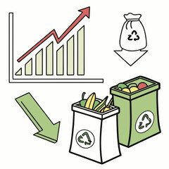 Concept of reducing food waste with a rising graph indicating success and recycling bins for organic waste management