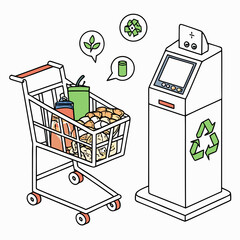 Illustration of a shopping cart filled with recyclable items next to a recycling deposit machine with icons representing sustainability and waste reduction