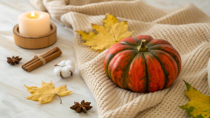 Fototapeta premium Cozy Autumn Still Life with Pumpkin Candle Spices and Fall Leaves Perfect for Thanksgiving and Seasonal Decor