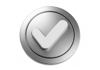 Brushed metal checkmark emblem isolated on a transparent background