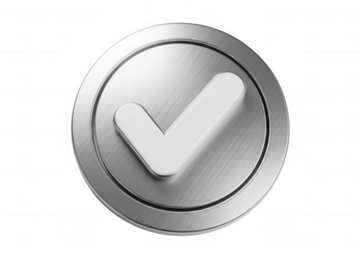 Brushed metal checkmark emblem isolated on a transparent background