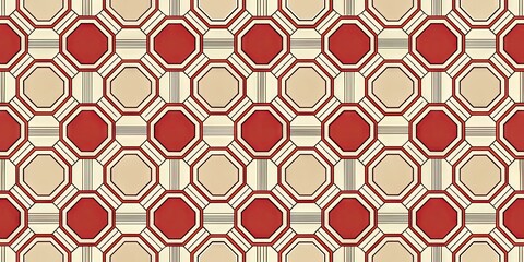 Octagonal Geometric Pattern Repetitive Decorative Wallpaper Art Beige and Red