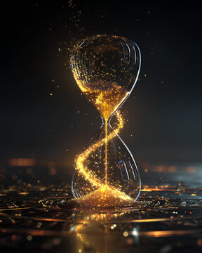 Time reverse hourglass with glowing golden particles flowing upward symbolizing anti aging and reversing time against dark gradient background
