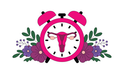 Obraz premium Uterus alarm clock with flowers and leaves on white background Keywords: uterus, alarm clock, time, fertility, reproductive health, women's health, gynecology, biology, medical, health, clock