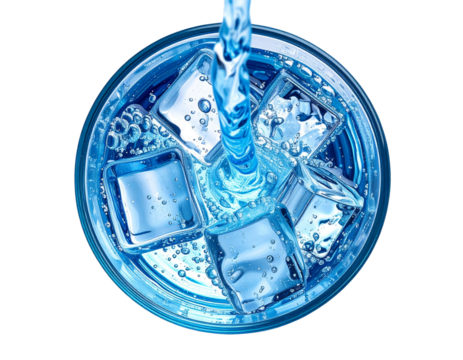 Top-Down View of Blue Water Stream Flowing into Glass with Ice, Dynamic Splash Effect, Isolated