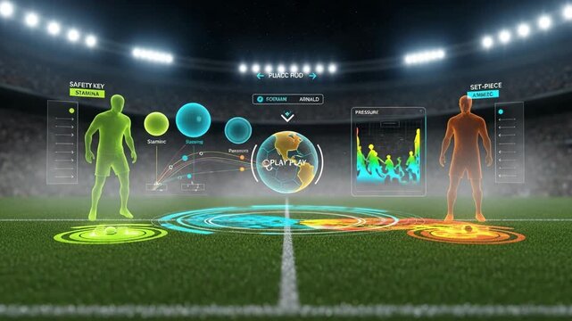 Football stadium with digital interface and players