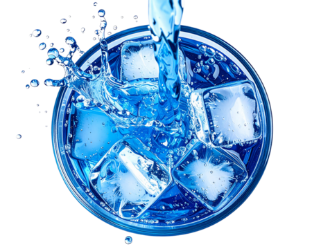 Top-Down View of Blue Water Stream Flowing into Glass with Ice, Dynamic Splash Effect, Isolated - Powered by Adobe