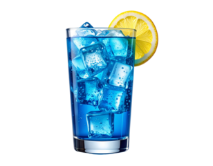 Tall Glass of Sparkling Blue Soda with Ice Cubes and Lemon Slice, Isolated on White
