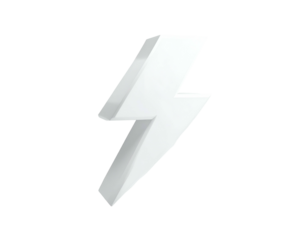 A 3D-rendered white lightning bolt against a solid black background