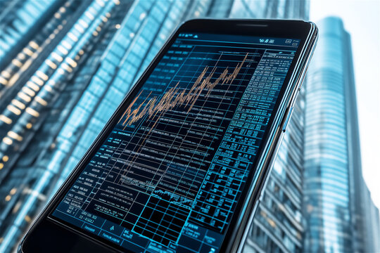 Digital data on screen with modern skyscraper in background. Financial trading information or programming code displayed on computer with urban corporate building creating business technology concept. - Powered by Adobe