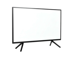 Angled, black framed display with white screen resting on two angled, black legs