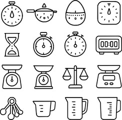 Kitchen Timer & Measuring Tools – 16 Black Line Vector Icons