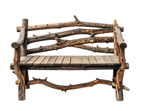 Rustic wooden bench constructed of logs and planks, set against a transparent background