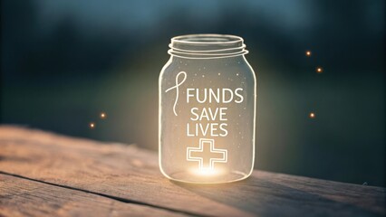 Illuminated glass jar with message about funding urgently needed for health causes and saving lives in a serene outdoor setting