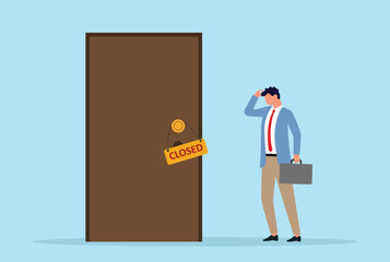 Vector illustration of a businessman standing in front of a closed door with a ‘CLOSED’ sign, symbolizing rejection, lost opportunity, business closure, or career setback