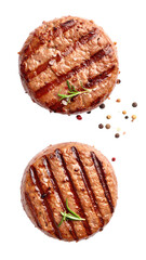 Two grilled meat patties, top-down view, showing grill marks and rosemary sprigs