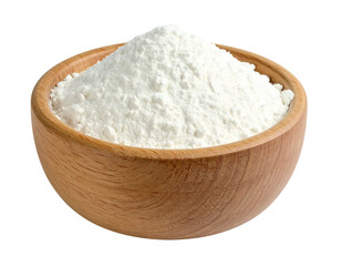 A wooden bowl filled with white, powdery substance, against a black backdrop