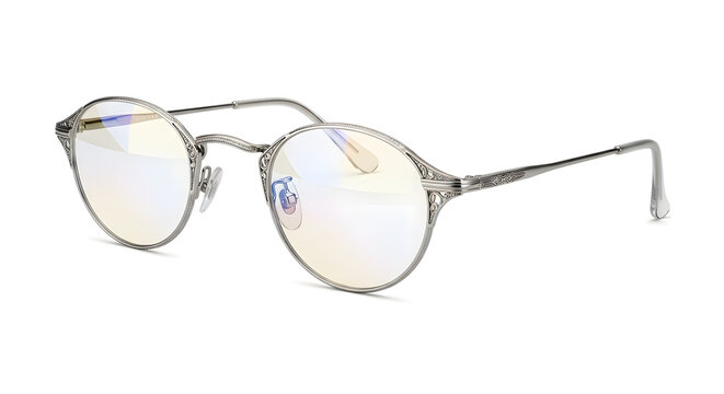Elegant round silver eyeglasses with intricate detailing for a stylish and sophisticated look, ideal for fashion editorials, lifestyle branding and optical campaigns