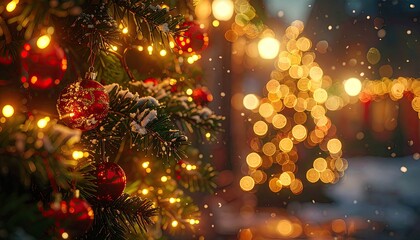 Illuminated Christmas Tree with Red Ornaments and Bokeh Lights in Snowy Outdoor Setting