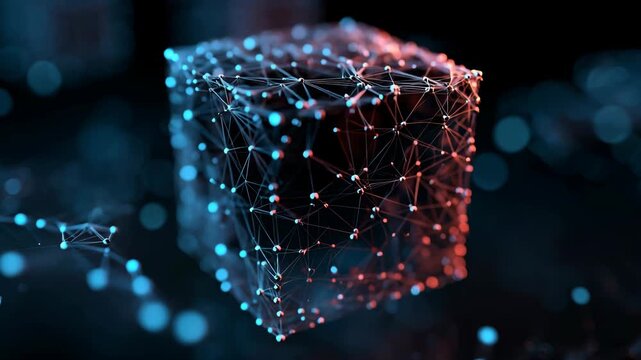 Abstract 3D Cube Model with Colorful Networking Nodes and Lines in Dark Background