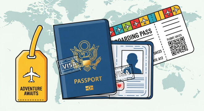 Illustration showing passport boarding pass and luggage tag with adventure awaits message on a world map
