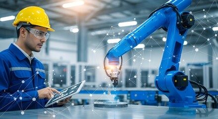 Engineer Controlling a Robotic Arm with a Tablet, Smart Factory and Industrial Automation, Industry 4.0 and Advanced Manufacturing