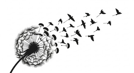 A dandelion shedding seeds that transform into birds in a monochrome silhouette illustration style