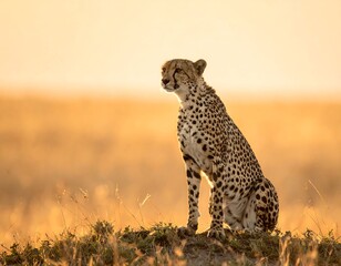 Naklejka premium Cheetah rests atop a hill, basking in the warm light of the African plains