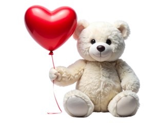 Cute White Teddy Bear Sitting with Red Heart Balloon, Front View, Isolated on White