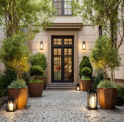 Elegant exterior stone courtyard, arched doorway, lanterns, topiaries, and lush greenery