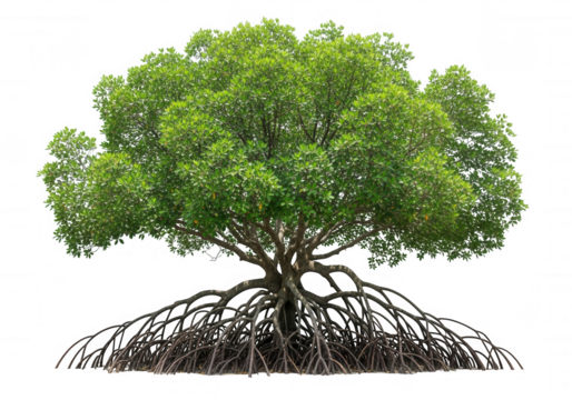 Lush green tree with exposed roots isolated on a transparent background
