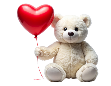 Cute White Teddy Bear Sitting with Red Heart Balloon, Front View, Isolated on White