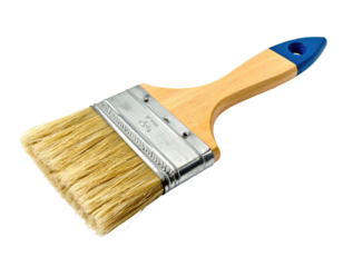 A paintbrush with a wooden handle and a blue grip